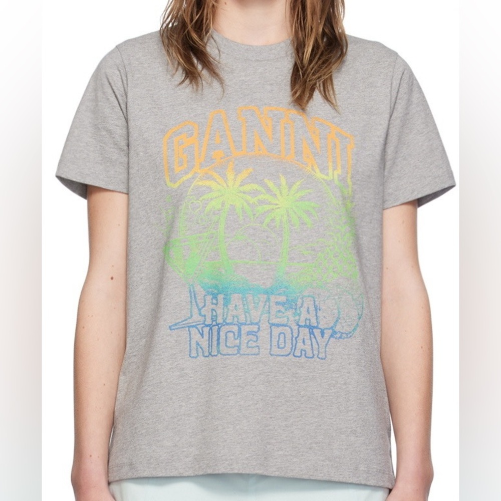 NWT Ganni Cotton Crew Neck T-Shirt in Paloma Melange Size Large